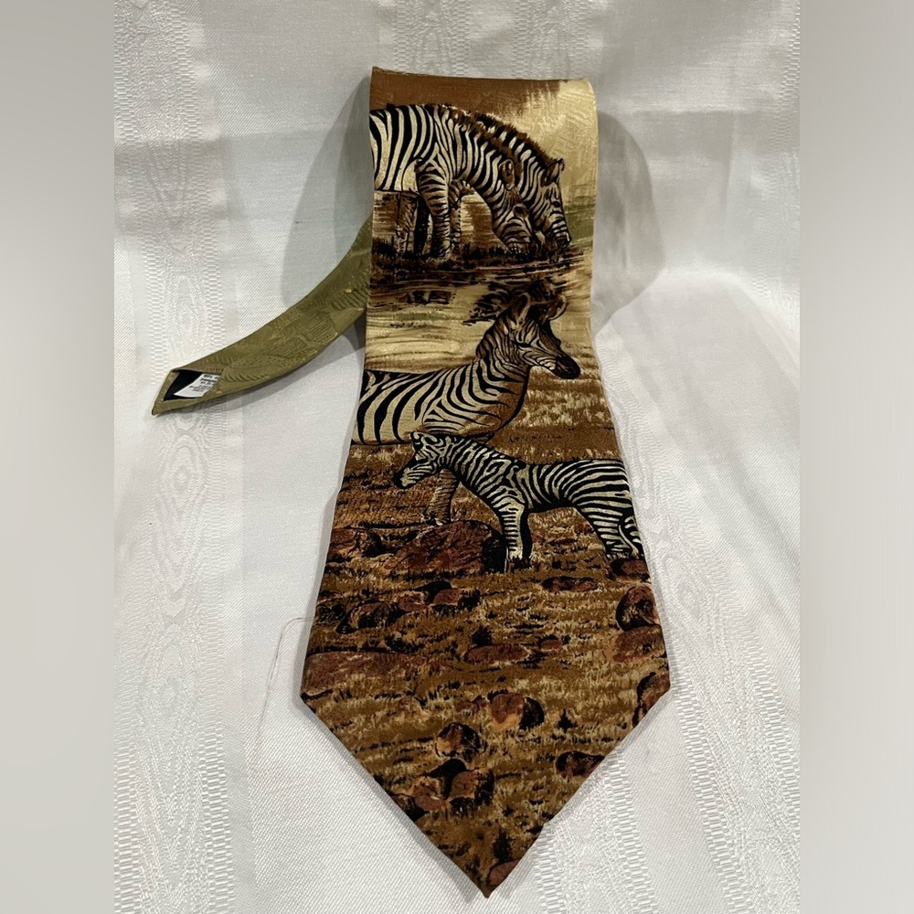 Endangered Species Gold & Black Zebra Print SILK Tie MADE IN USA:
